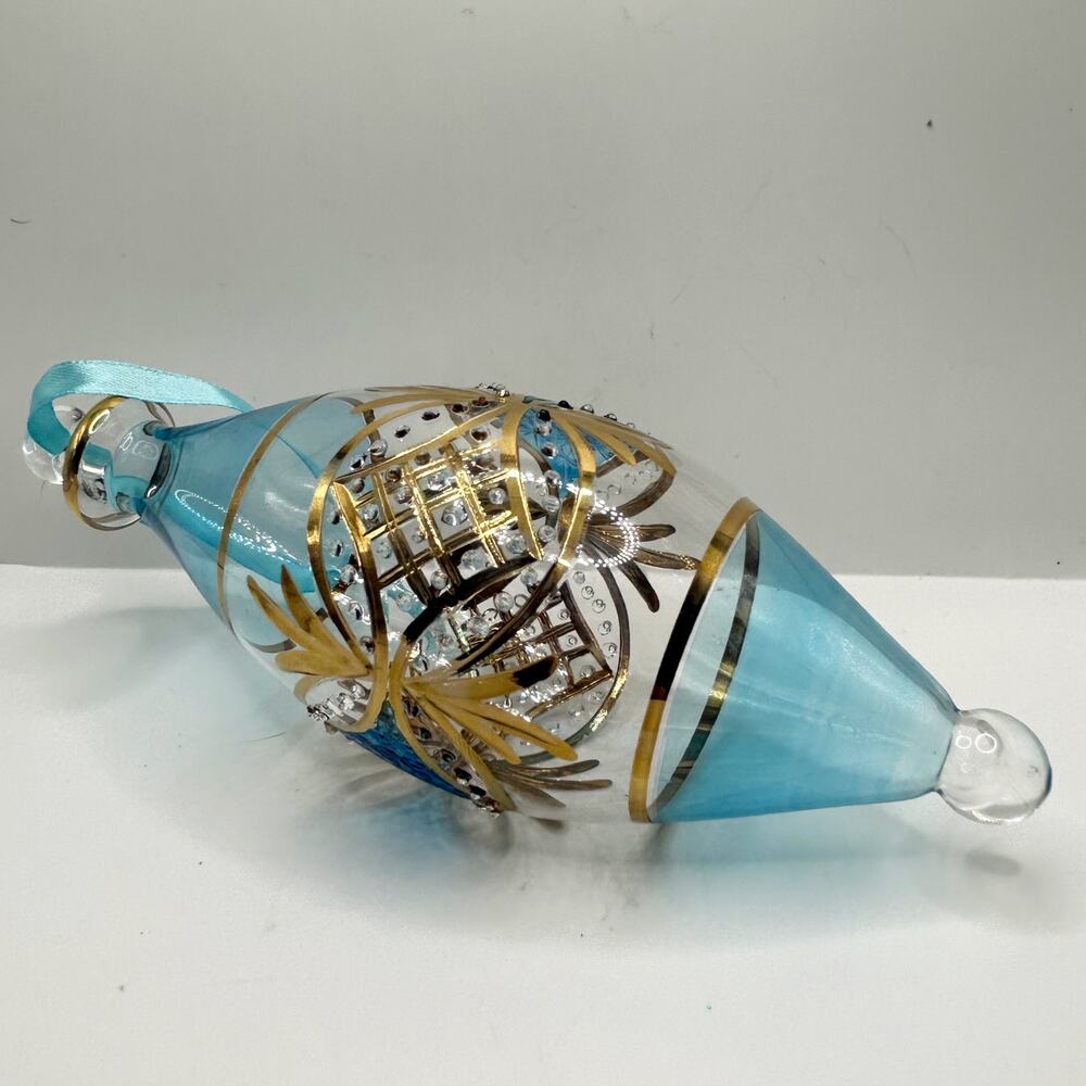 Egyptian Hand Blown Fancy Blue 24K Gold Etched Glass Christmas Ornament EUC